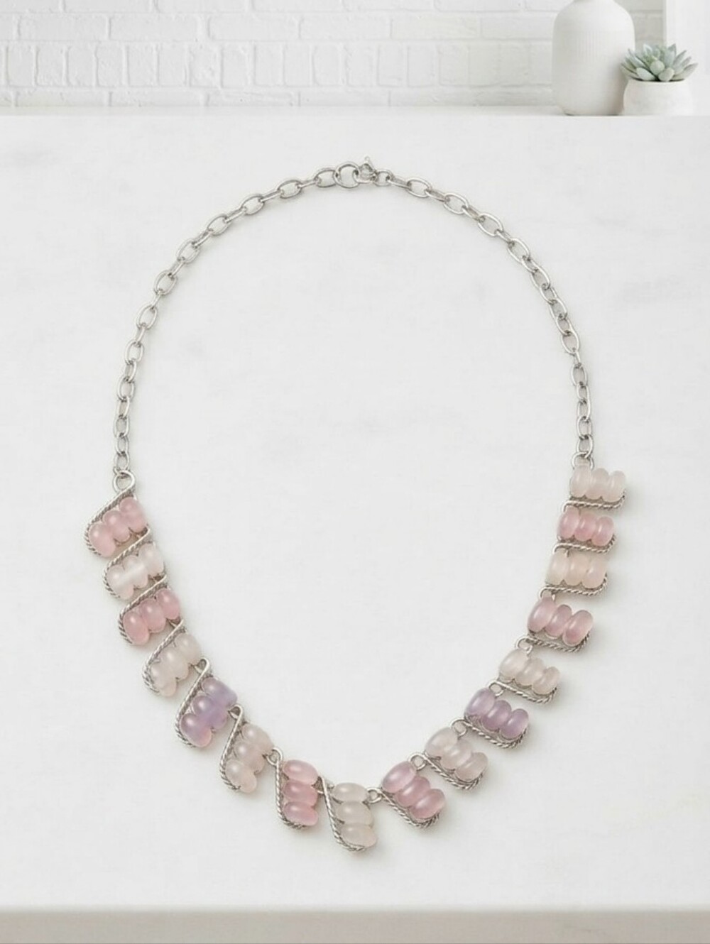 ​Vintage-Style Frosted Ribbon Statement Necklace | Pastel Marquise Bead Silver